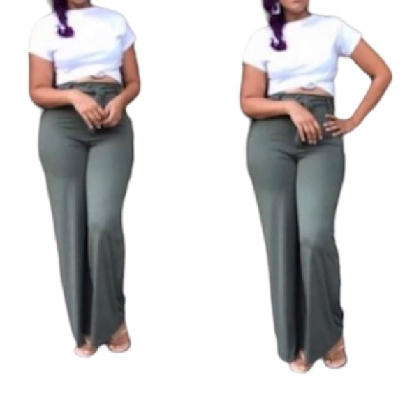 Olive Green pants. Wide leg. Tie belt. Small. - Picture 1 of 3